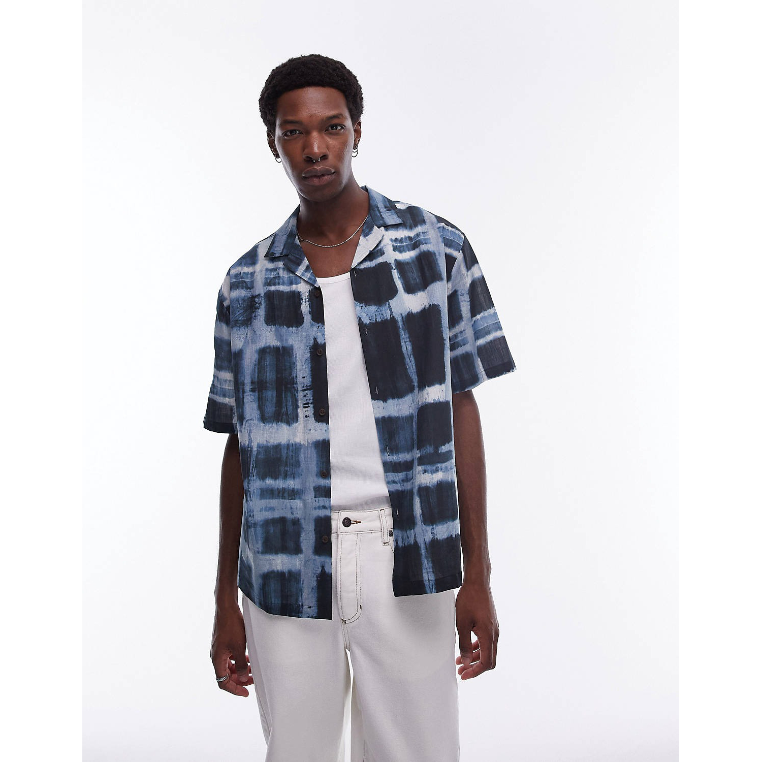 Рубашка Topman Short Sleeve Relaxed Sheer Check, синий цена и фото