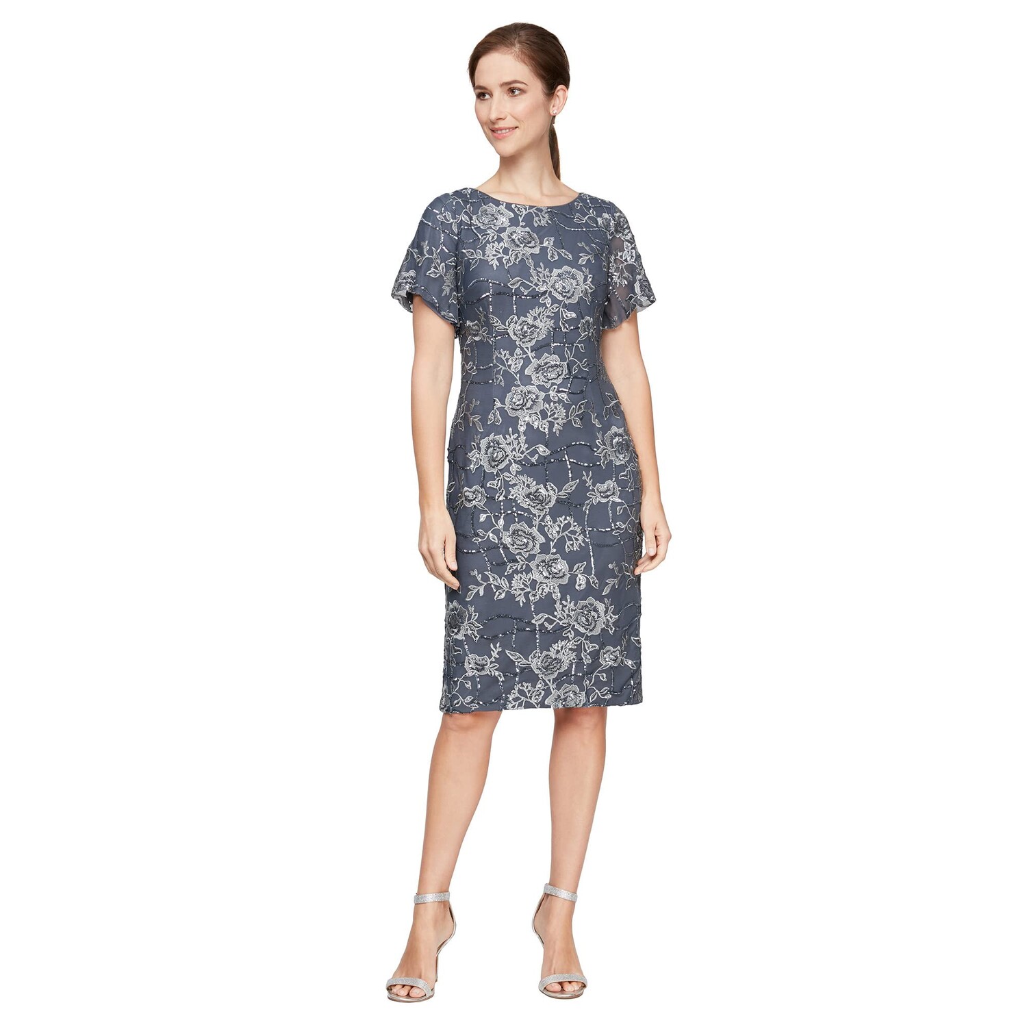 

Платье Alex Evenings, Short Embroidered Sheath Dress w/ Flutter Sleeves