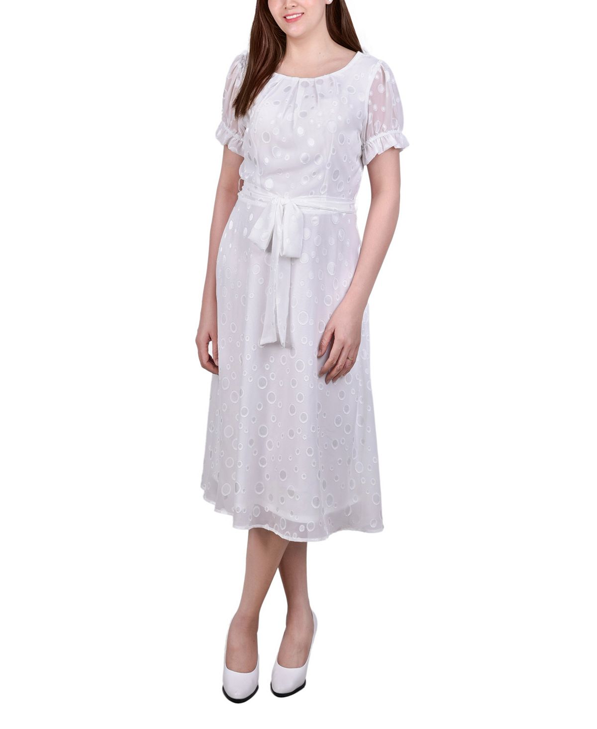 Женское платье в горошек с поясом и короткими рукавами NY Collection, мульти