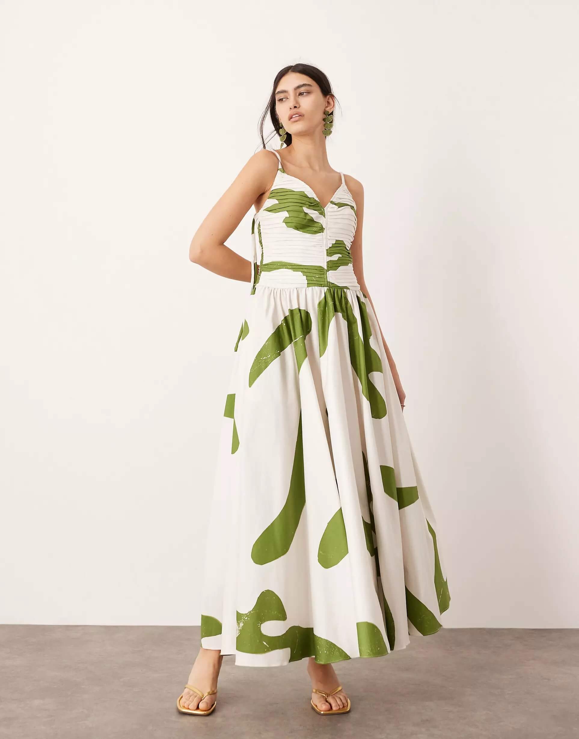 Платье-миди Asos Edition Ruffles Cleavage Abstract Pattern, зеленый/белый