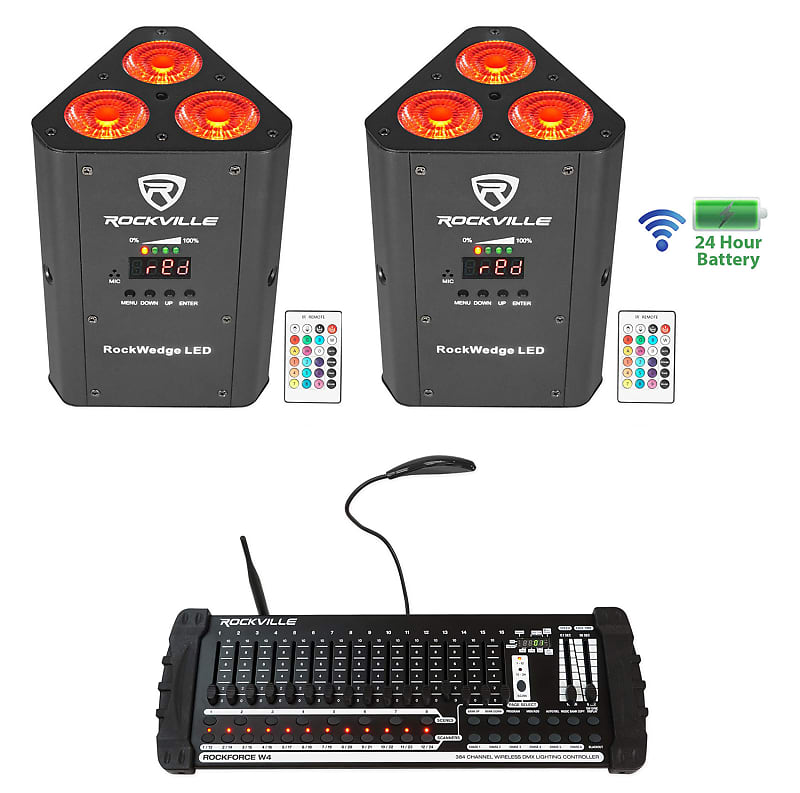 Светодиод Rockville RockWedge LED Battery Lights + 384-канальный беспроводной DMX-контроллер RockWedge LED + Rockforce W4