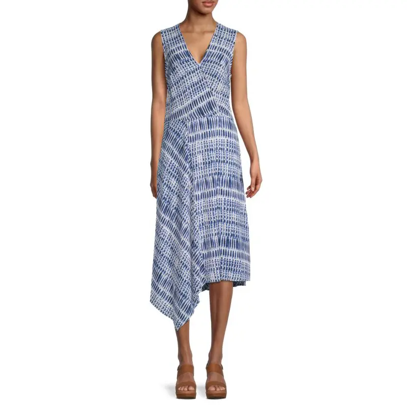 

Асимметричное платье с v-образным вырезом и принтом DKNY Ivory blue