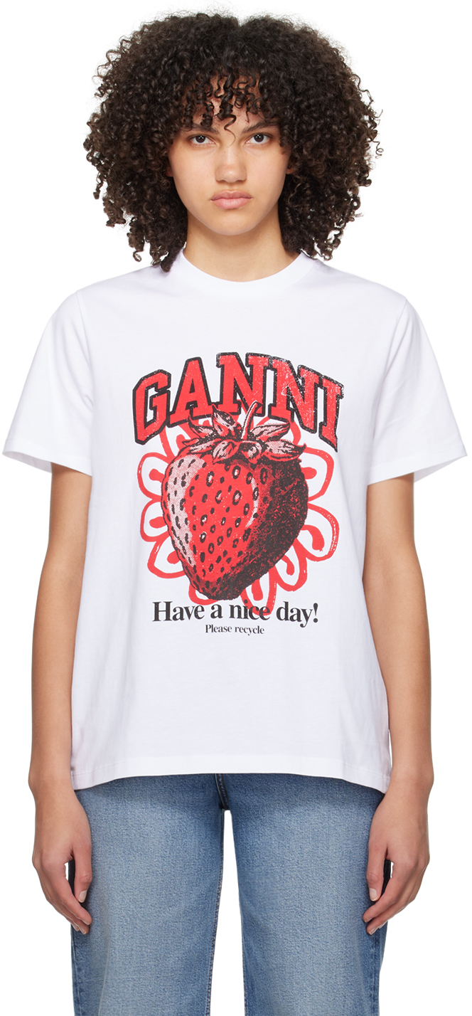 Белая клубничная футболка Ganni