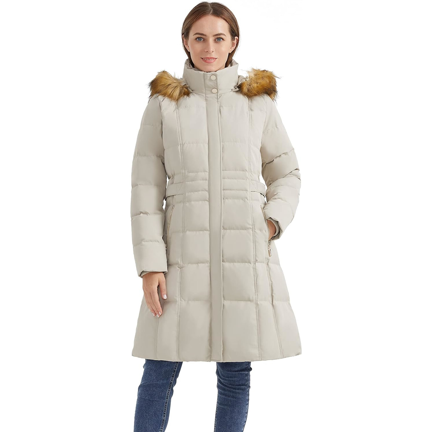 

Пуховик Orolay Hooded Faux Fur Long, бежевый