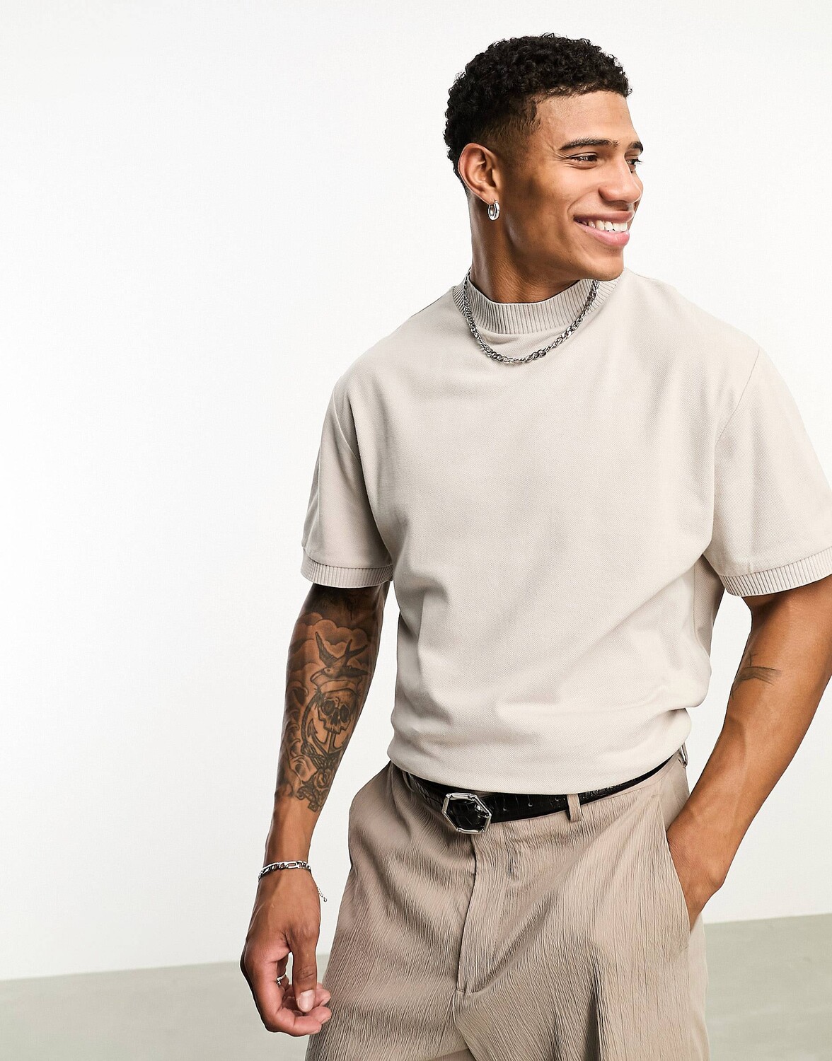 

Футболка Asos Design Relaxed Pique With Rib Detail, бежевый