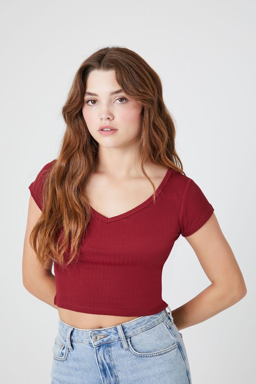 

Укороченная трикотажная футболка Pointelle Forever 21, бордовый, Красный