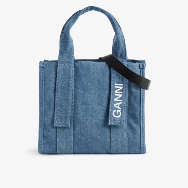 цена Фирменная большая сумка из переработанного хлопка Ganni, цвет denim