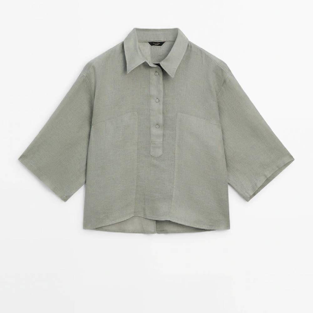 Рубашка Massimo Dutti Linen Polo Collar, светло-зеленый рубашка uniqlo 100% linen skipper collar 3 4 sleeve светло серый