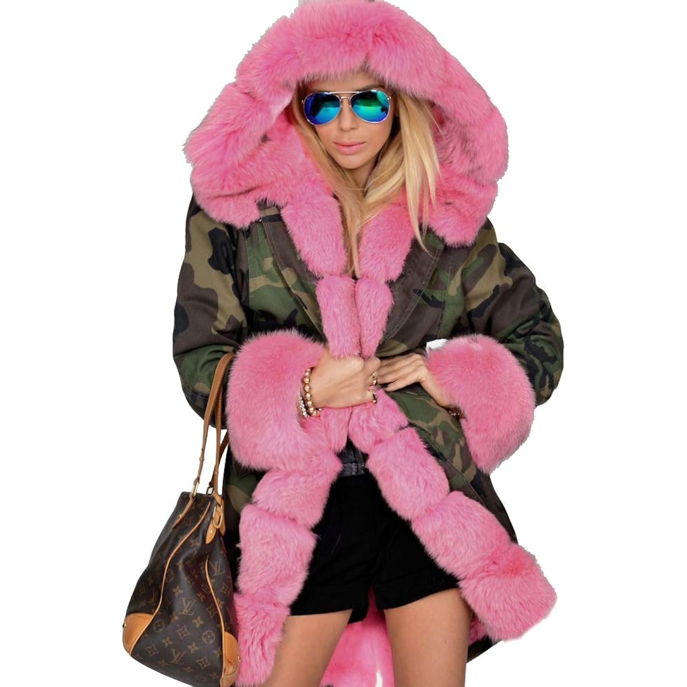 Парка Aofur Long Warm Winter Faux Fur Collar Qulited Women's, хаки/розовый