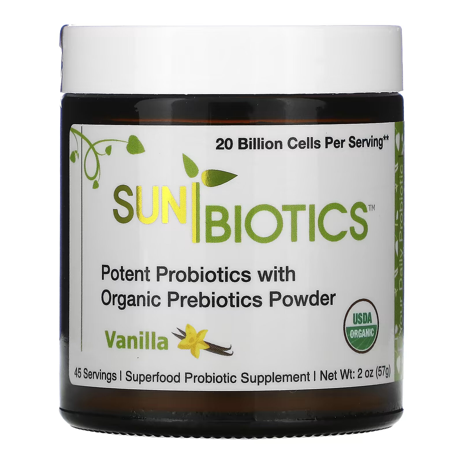 Sunbiotics, Мощные пробиотики в порошке с органическими пребиотиками, ваниль, 57 г (2 унции) sunbiotics сильные пробиотики с органическими пребиотиками корня якона 30 вегетарианских таблеток