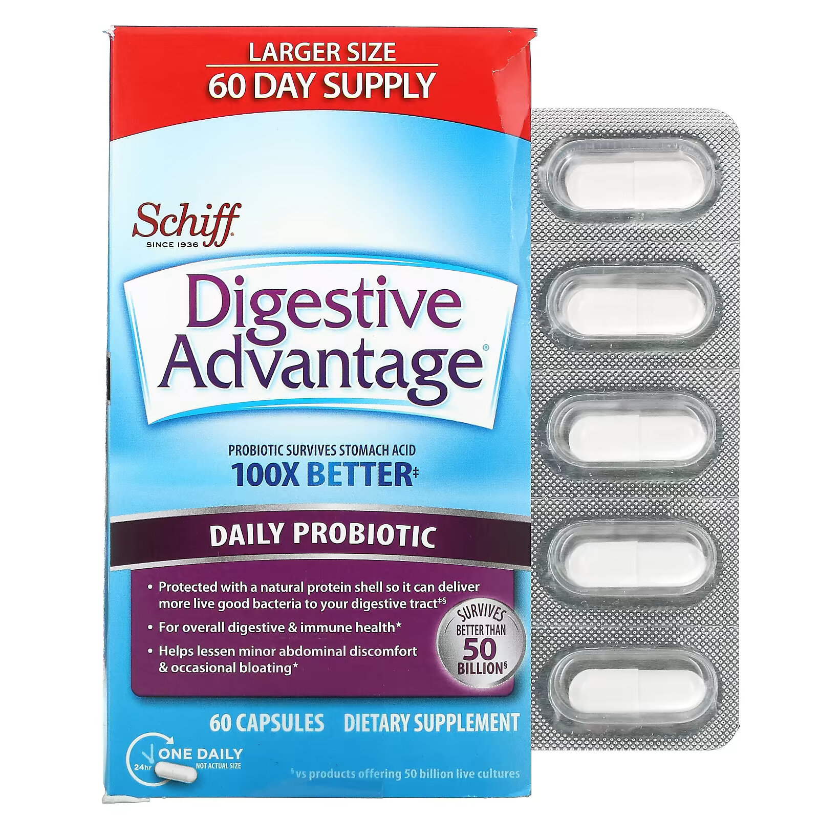 Schiff, Digestive Advantage, ежедневный пробиотик, 60 капсул schiff digestive advantage пробиотик для ежедневного применения интенсивная поддержка функции кишечника 32 капсулы