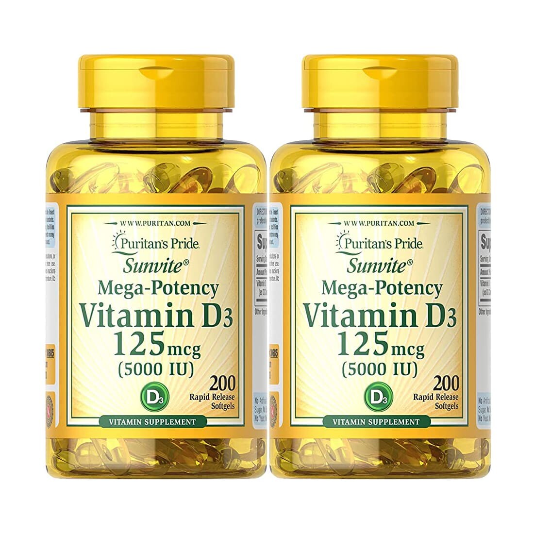 

Набор Витамина D3 5000 МЕ Mega-Potency Puritan's Pride, из двух банок по 200 капсул