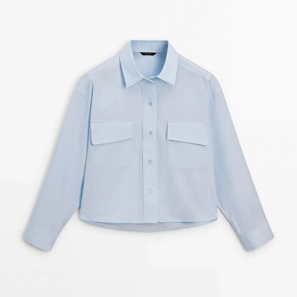 цена Рубашка Massimo Dutti Cotton Blend With Pockets, голубой
