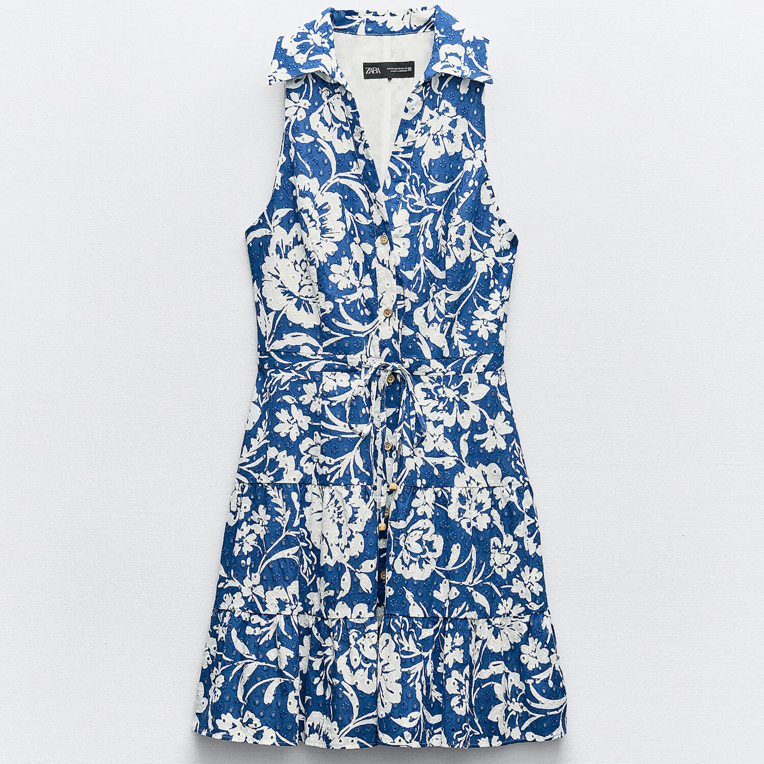 Платье Zara Printed Mini With Cutwork Embroidery, синий/белый жилет женский классический двубортный с отложным воротником без рукавов
