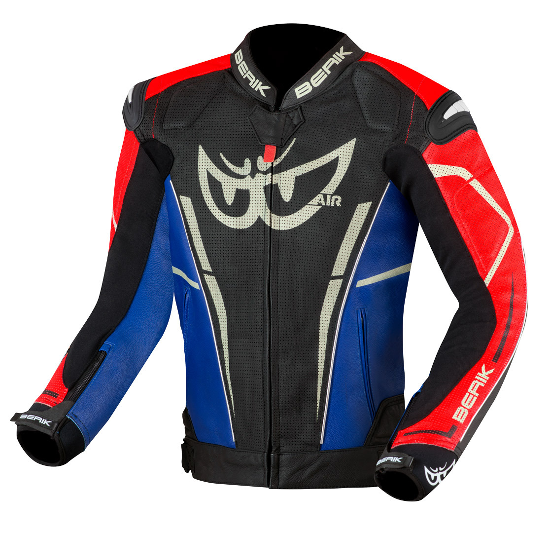Мотоциклетная кожаная куртка Berik Street Pro Evo с регулируемой талией и манжетами, черный/красный/синий