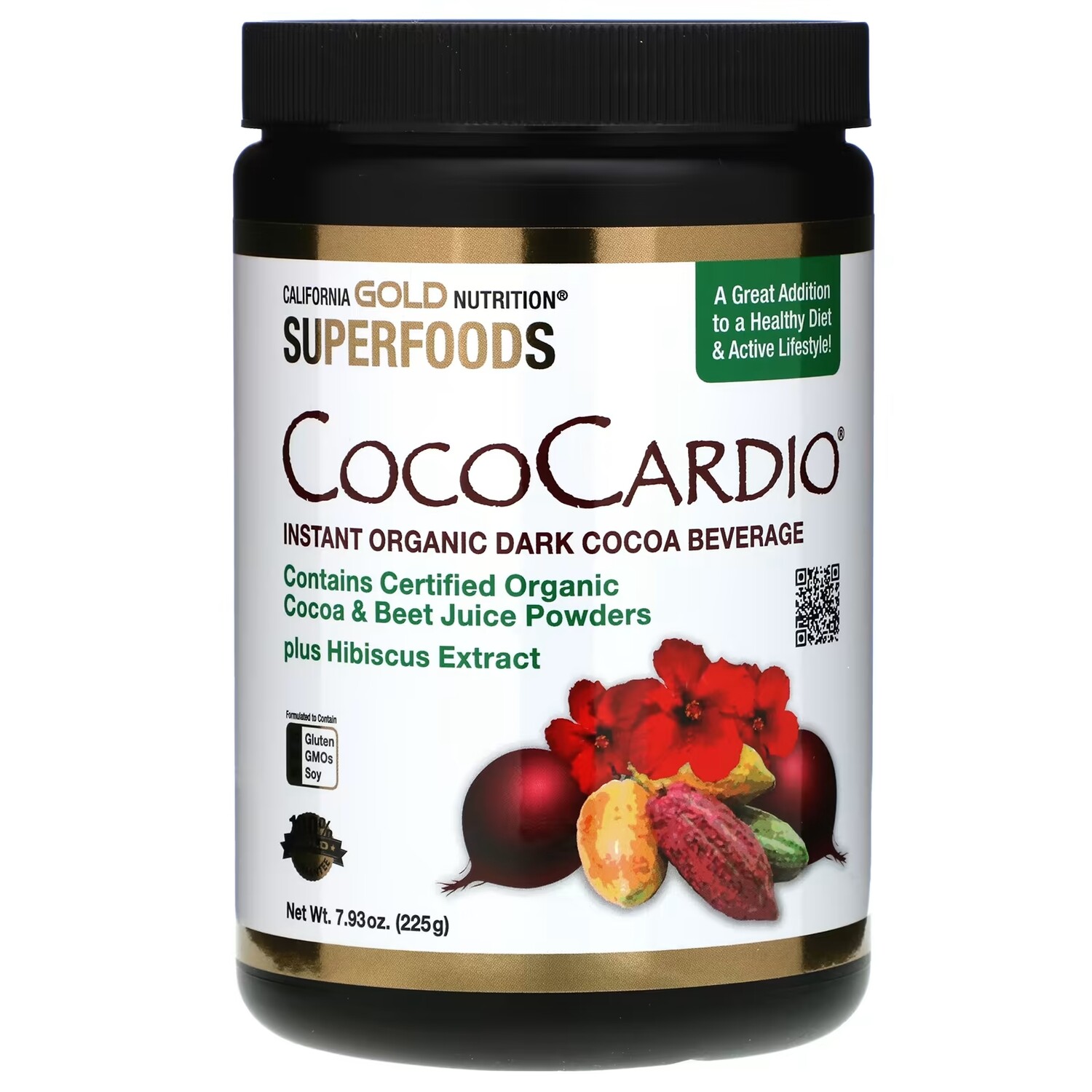 

Растворимый темный какао-напиток California Gold Nutrition CocoCardio со свекольным соком и гибискусом, 225 гр