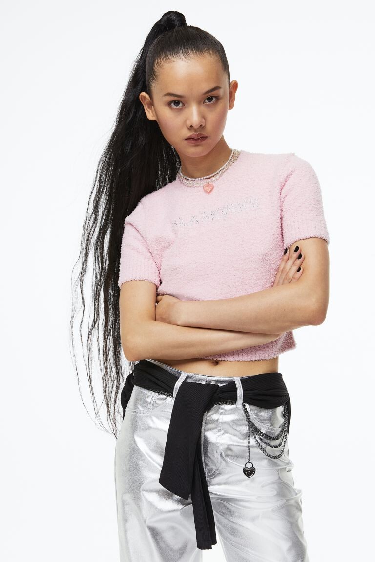 

Укороченный трикотажный топ H&M, светло-розовый/блэкпинк