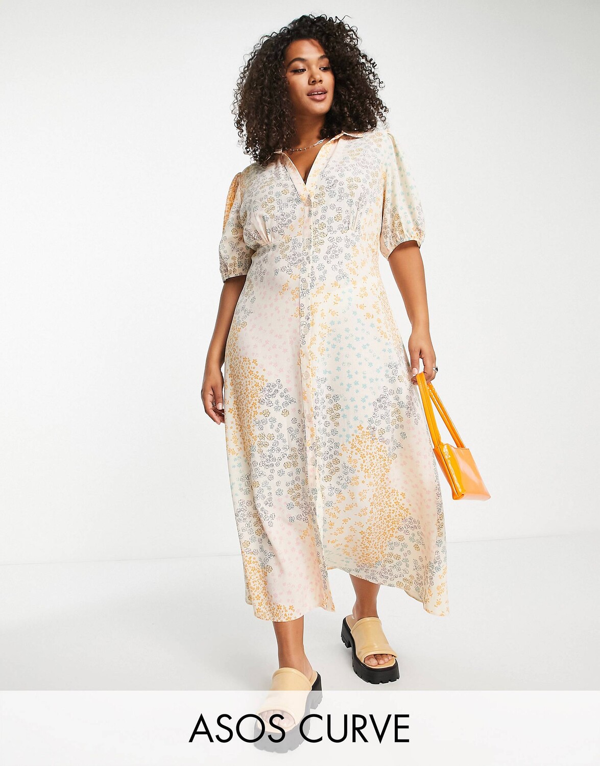 

Чайное платье-рубашка миди на пуговицах спереди ASOS DESIGN Curve с разноцветным цветочным принтом ASOS DESIGN