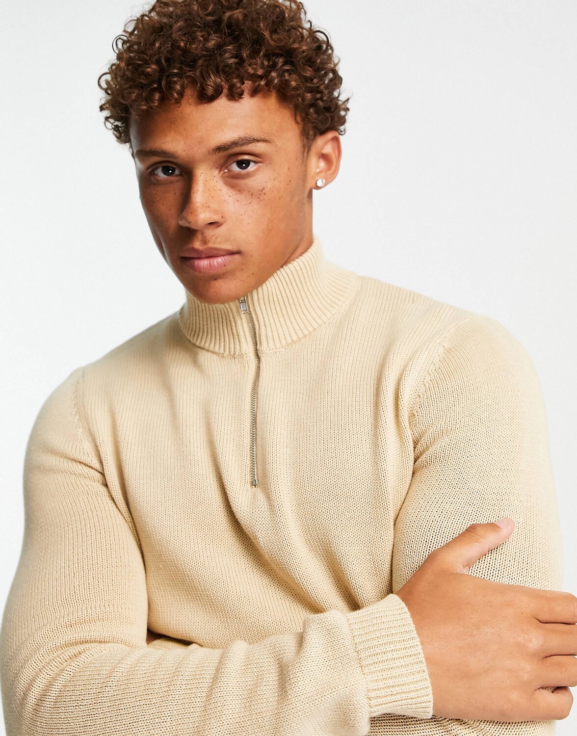 

Овсяный хлопковый джемпер средней плотности ASOS DESIGN с молнией на половину длины, Серый