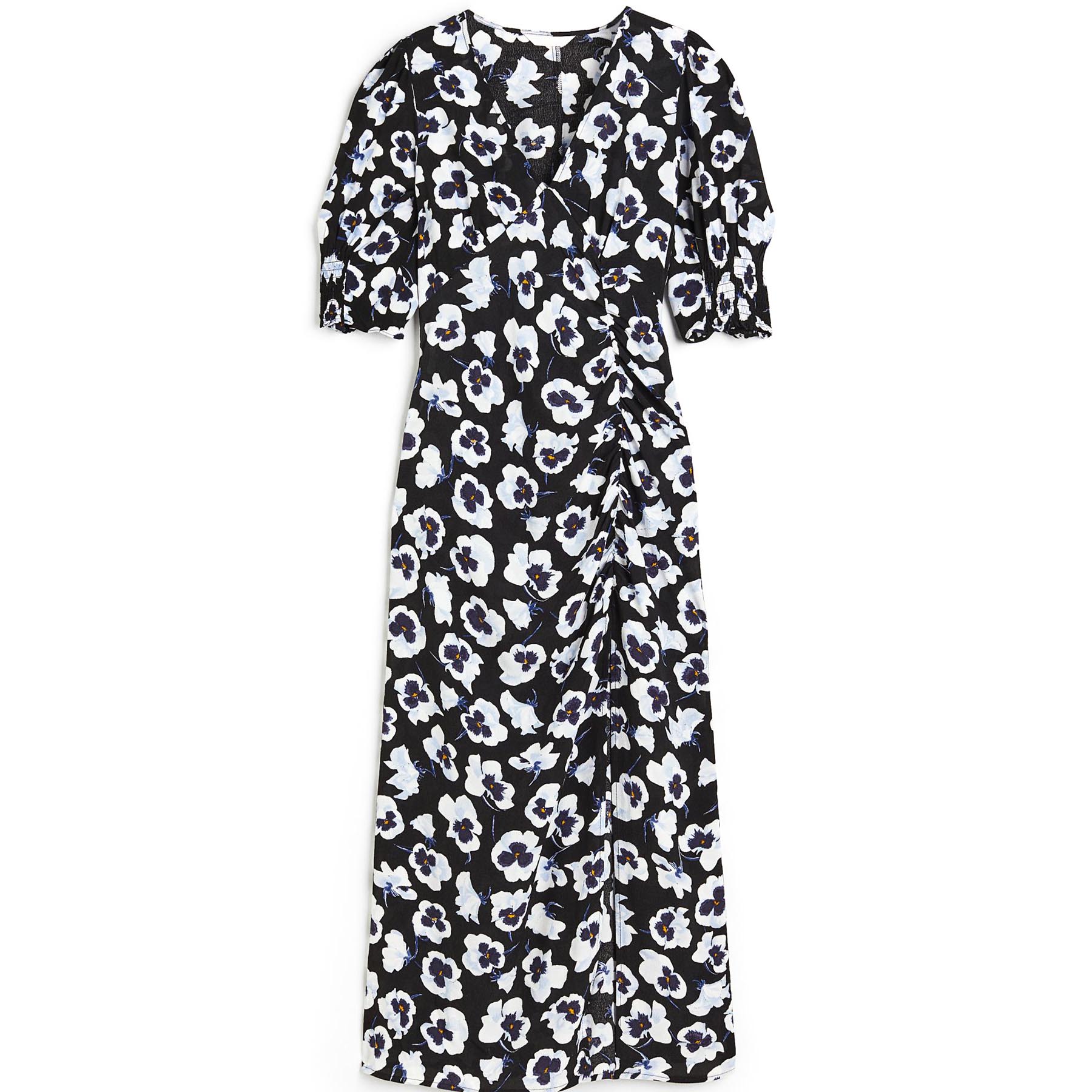 Платье H&M Floral Puff-sleeved Creped, черный/мультиколор платье длинное с короткими рукавами m белый