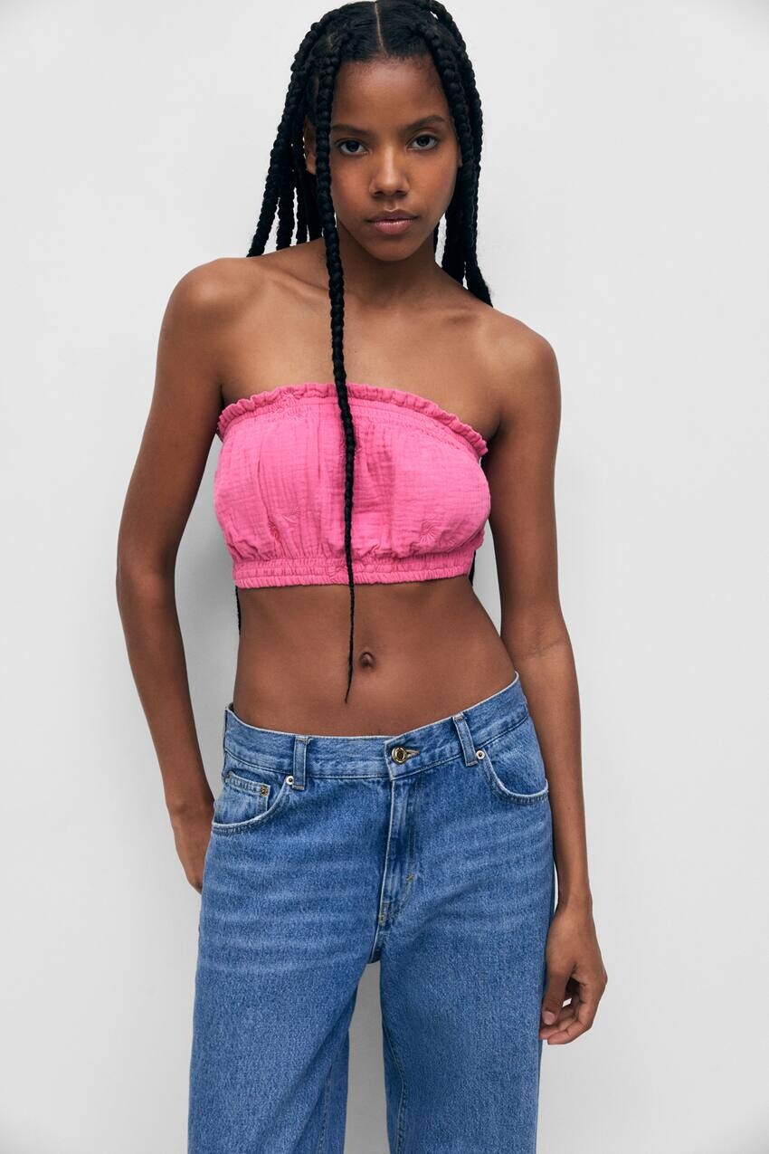 

Топ-бандо с цветочной вышивкой Pull&Bear, розовый