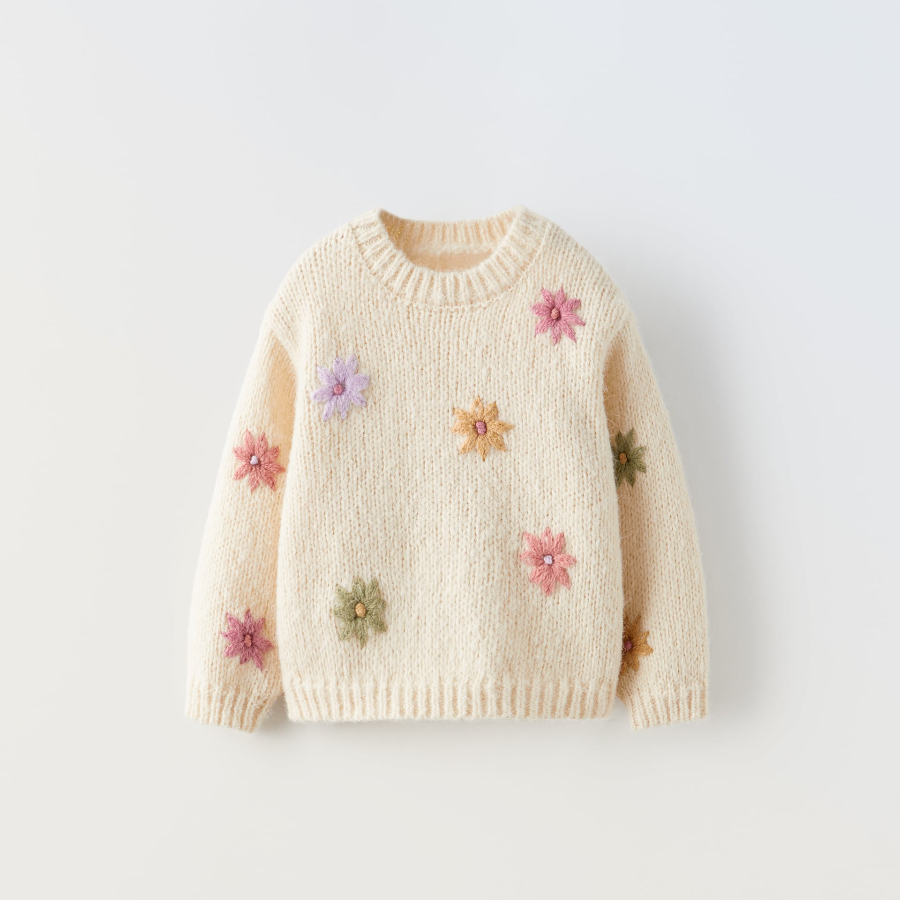 Свитер для девочки Zara Floral Embroidery, экрю свитер для девочки zara knit wrap collar экрю