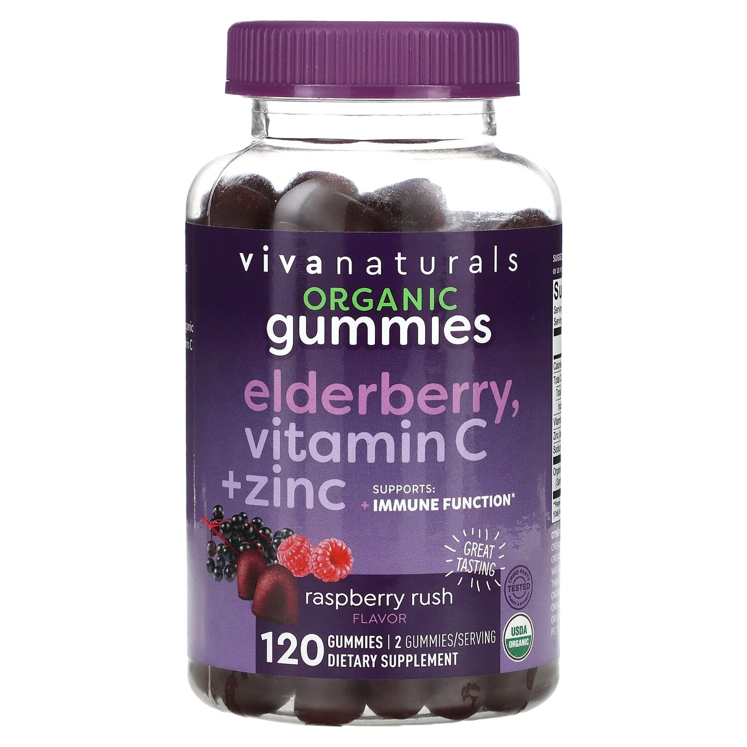 

Органическая бузина, витамин C + цинк, малина, 120 жевательных таблеток, Viva Naturals