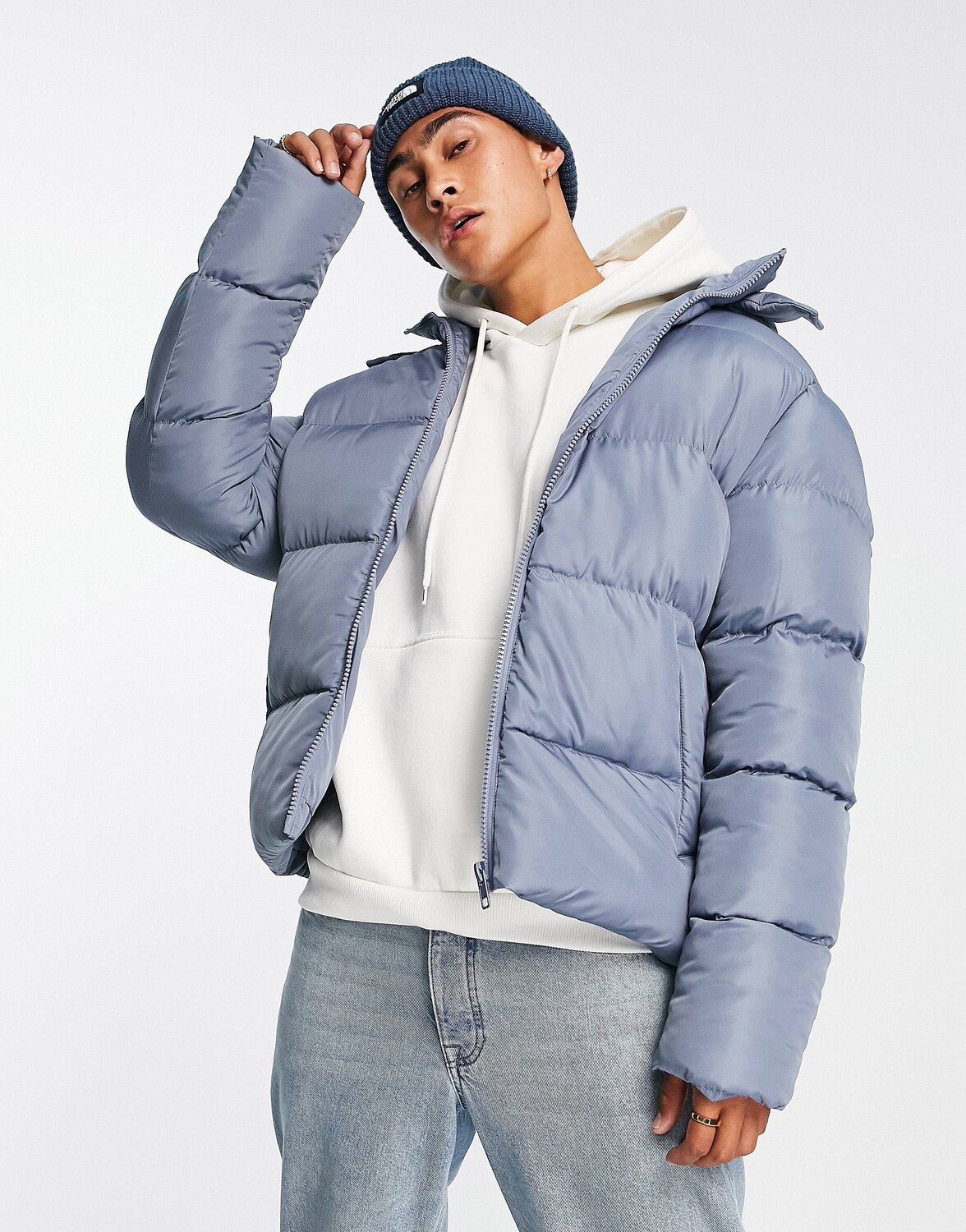 Синяя пуховая куртка со съемным капюшоном ASOS DESIGN