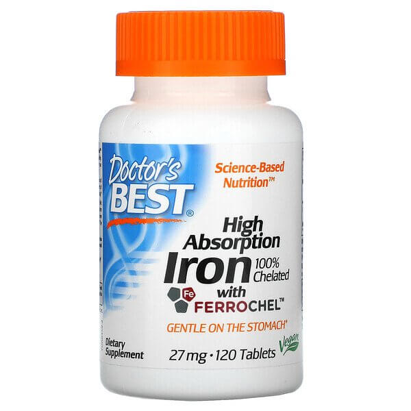 Легкоусвояемое железо с Ferrochel, Doctor's Best, 27 мг, 120 таблеток железо 65 мг 120 таблеток