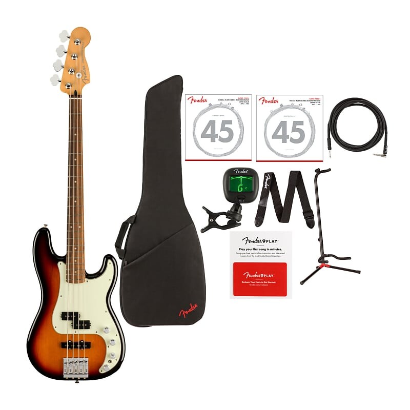 

Fender Player Plus Precision 4-струнная бас-гитара с басовыми струнами (4 и 5), чехлом, кабелем, подставкой для гитары, тюнером, ремнем и картой предоплаты Fender Player Plus Precision 4-String Bass Guitar with Bass Strings Bundle