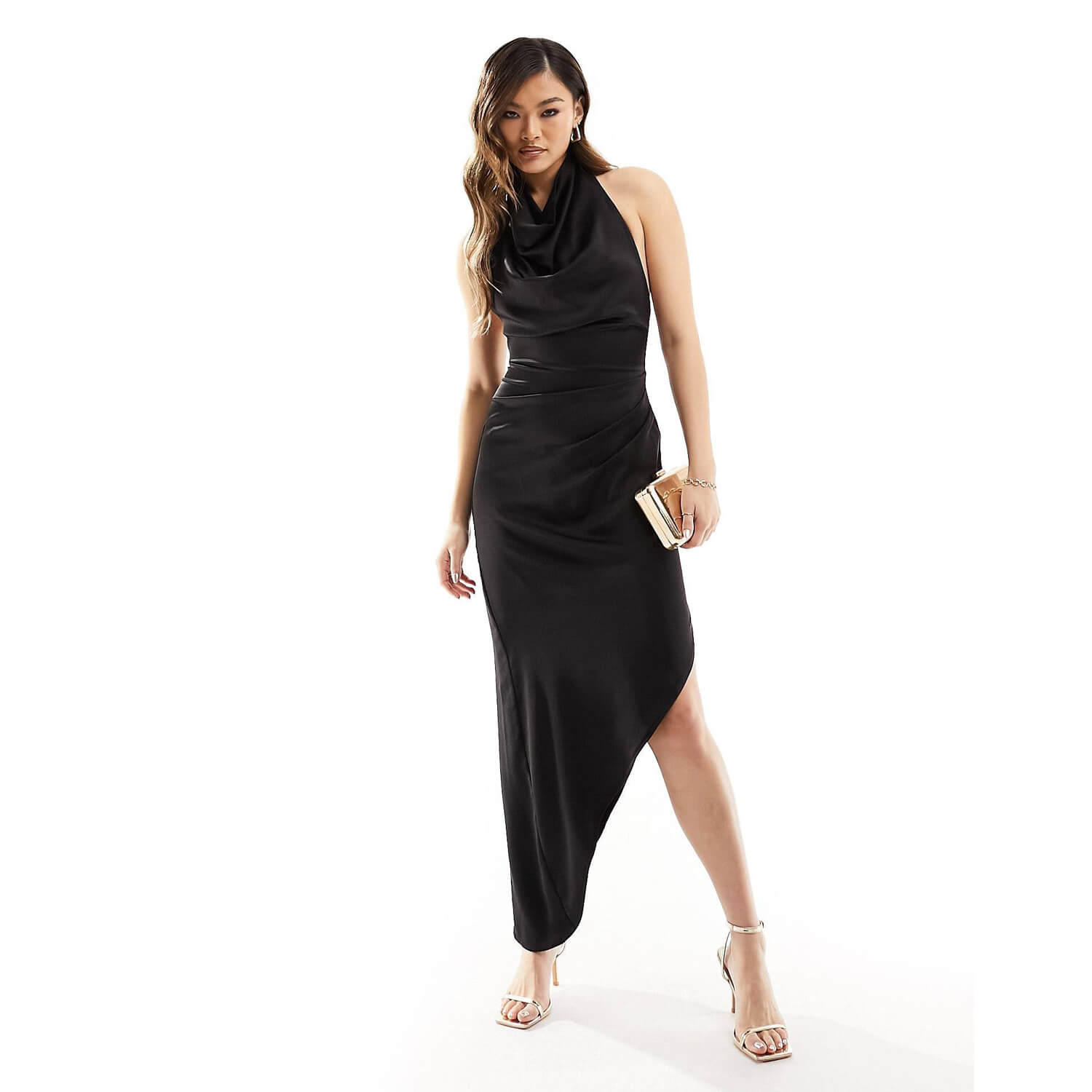 Платье Flounce London High Cowl Neck Asymmetric Satin Midi, черный черное атласное платье миди на пуговицах asos design tall