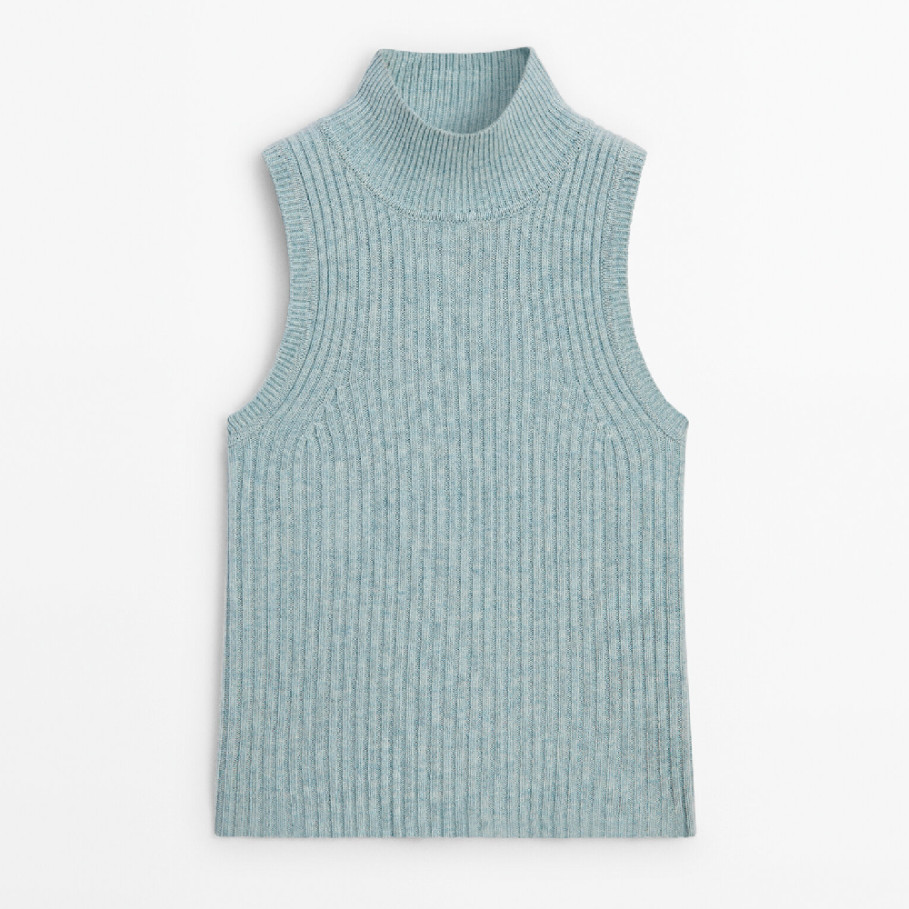 цена Топ Massimo Dutti Wool Blend Ribbed Knit - Studio, голубовато-зеленый