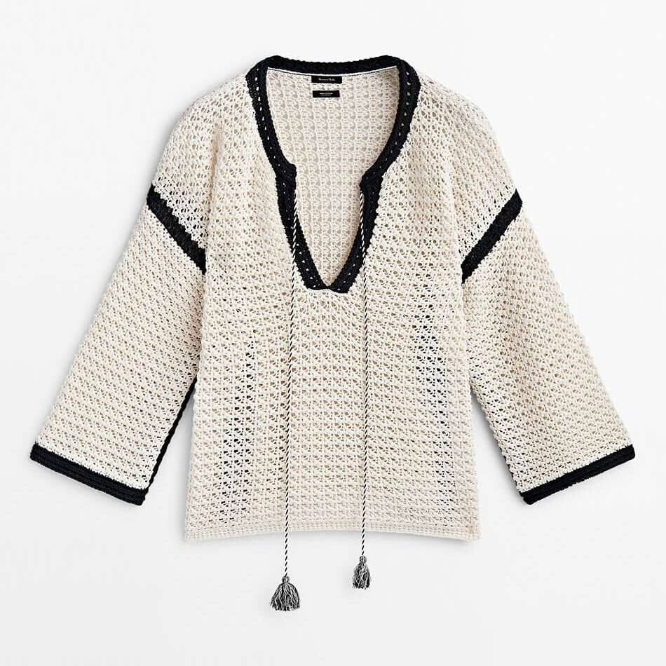 

Свитер Massimo Dutti Contrast Crochet Kaftan, кремовый
