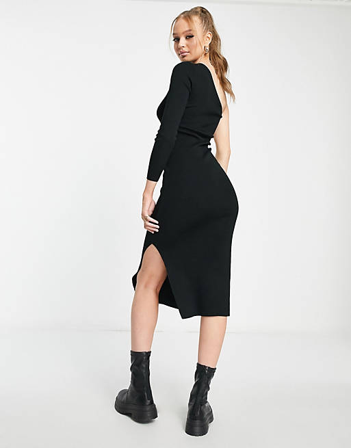 Черное трикотажное платье миди на одно плечо New Look