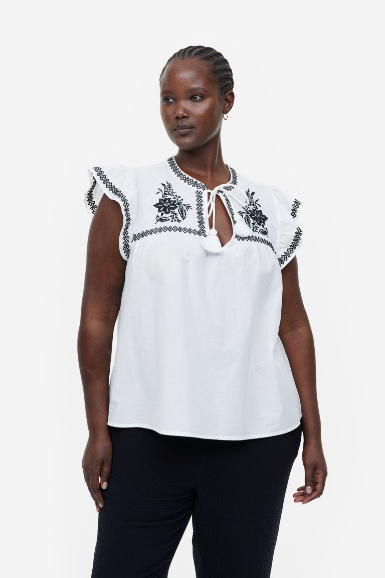 Вышитая Блузка H&M шорты с вышивкой и воланами из двойной газовой хлопчатобумажной ткани 5 бежевый