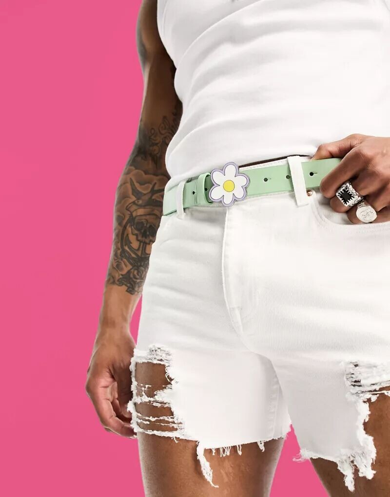 

Мятный ремень из искусственной кожи ASOS с пряжкой с цветочным принтом