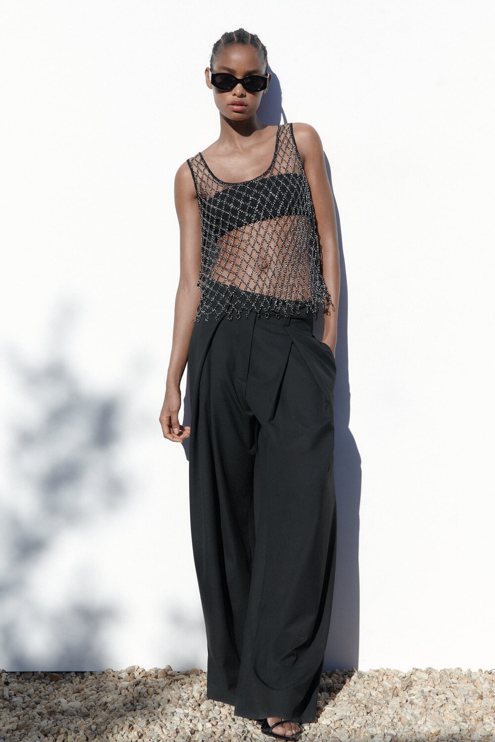 

Сетчатый топ с стразами ZARA, черное серебро