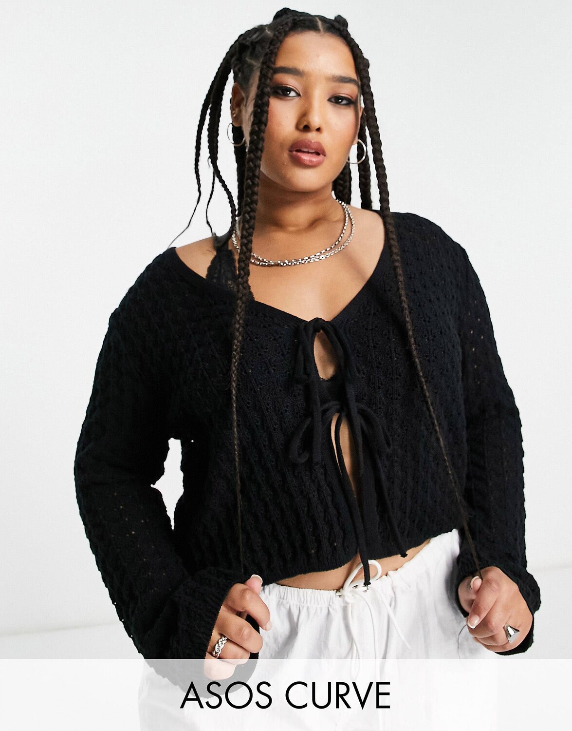 

Черный кардиган ASOS DESIGN Curve с завязками спереди и пуантелями