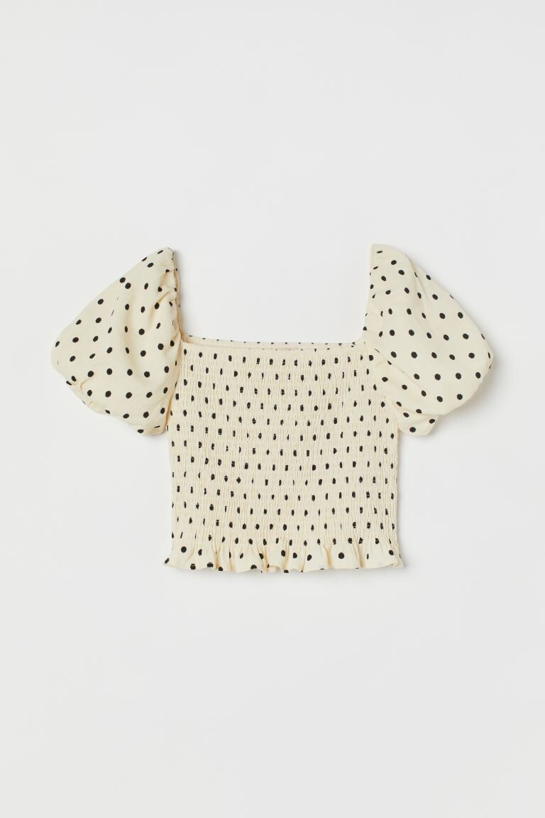 

Короткий топ с пышными рукавами H&M, кремовые/черные точки