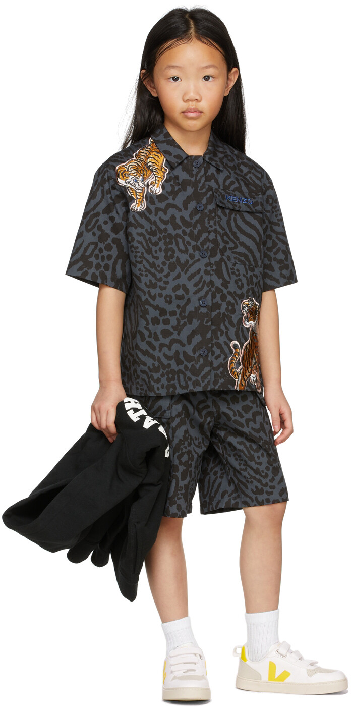 

Детская серая рубашка с вышивкой тигра Kenzo