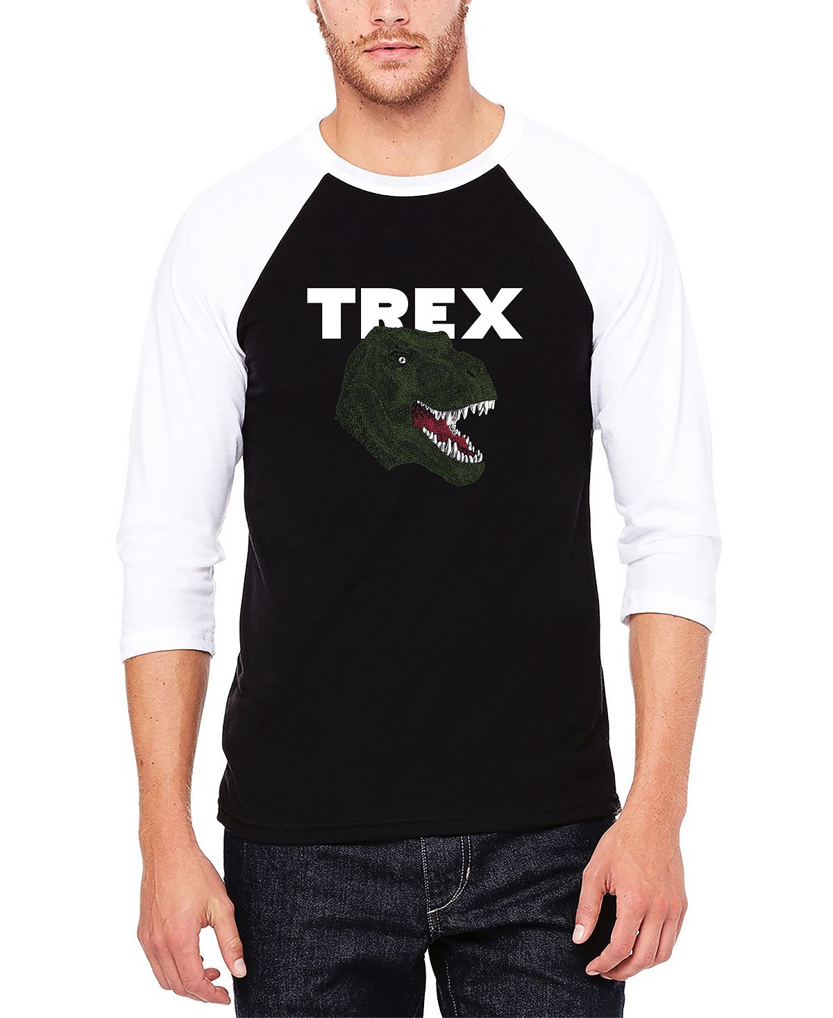 Мужская футболка с бейсбольным регланом word art t-rex head LA Pop Art, мульти