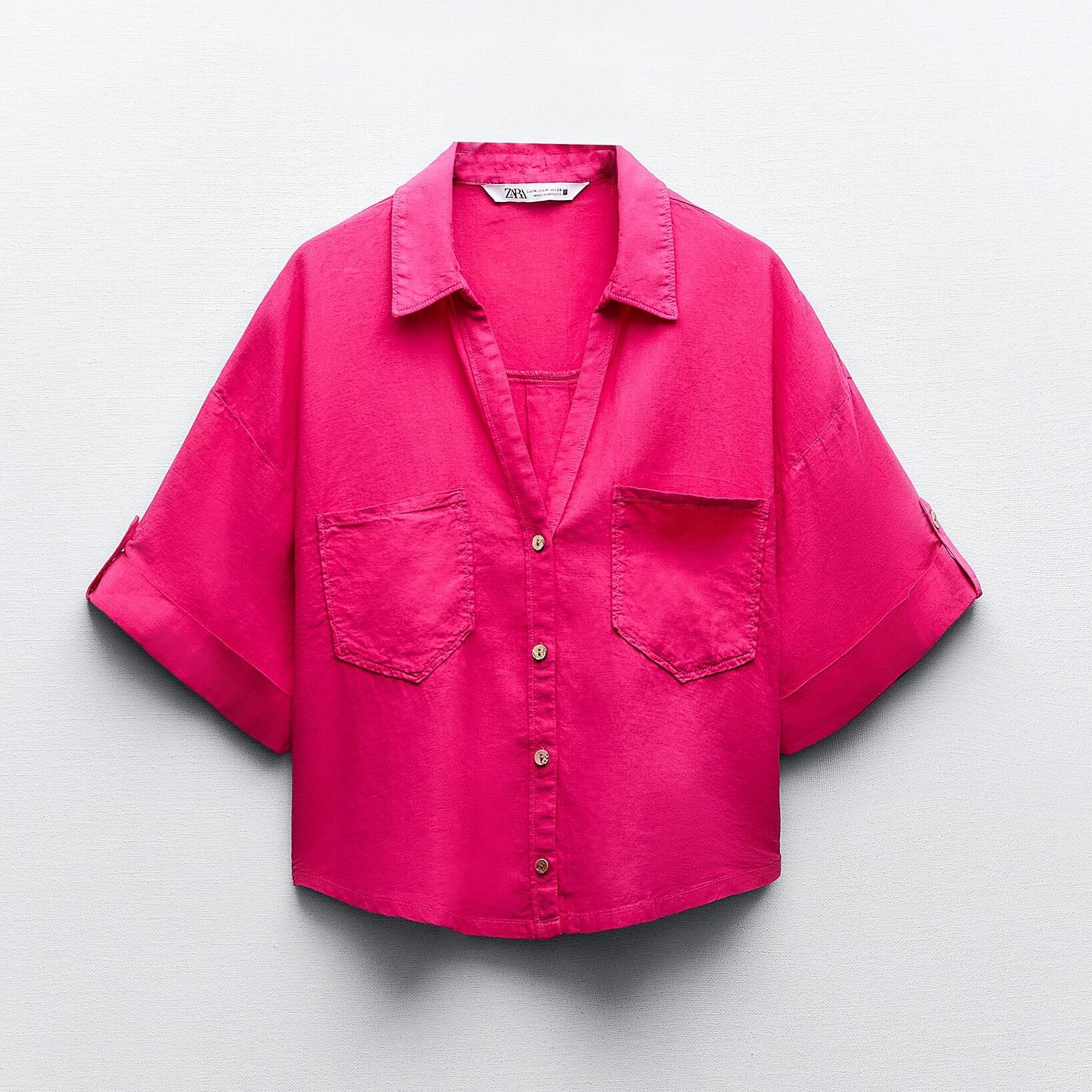 Рубашка Zara Linen Blend Short Sleeve, малиновый