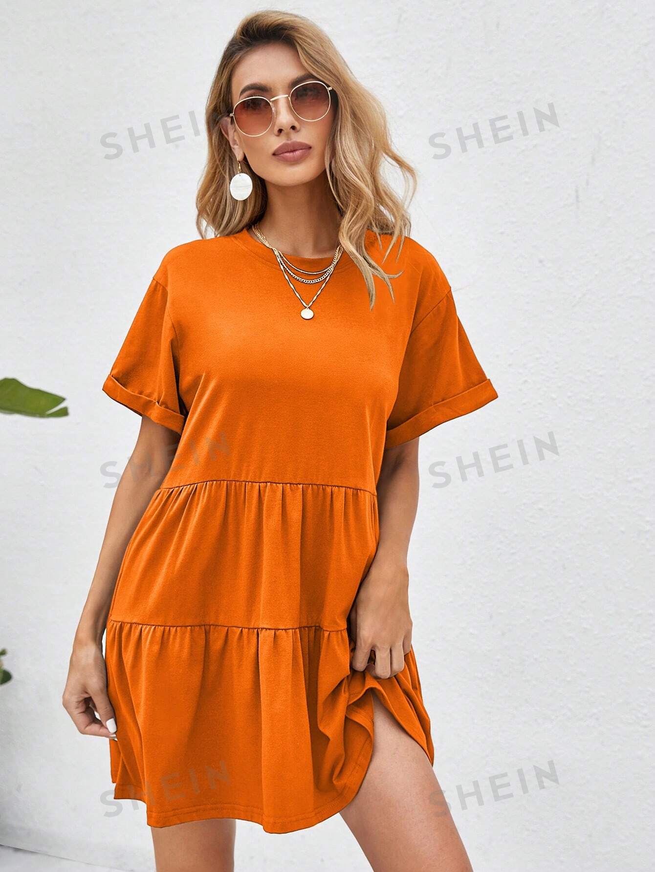 SHEIN VCAY Однотонное платье с заниженными плечами и короткими рукавами, апельсин женское платье мини с круглым вырезом свободное однотонное офисное платье большого размера с бусинами лето 2023