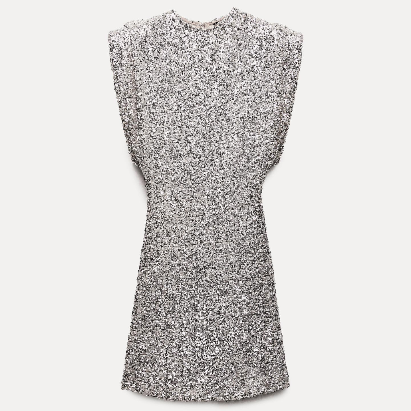 Платье Zara ZW Collection Sequinned With Shoulder Pads, серебристый блейзер zara with shoulder pads черный