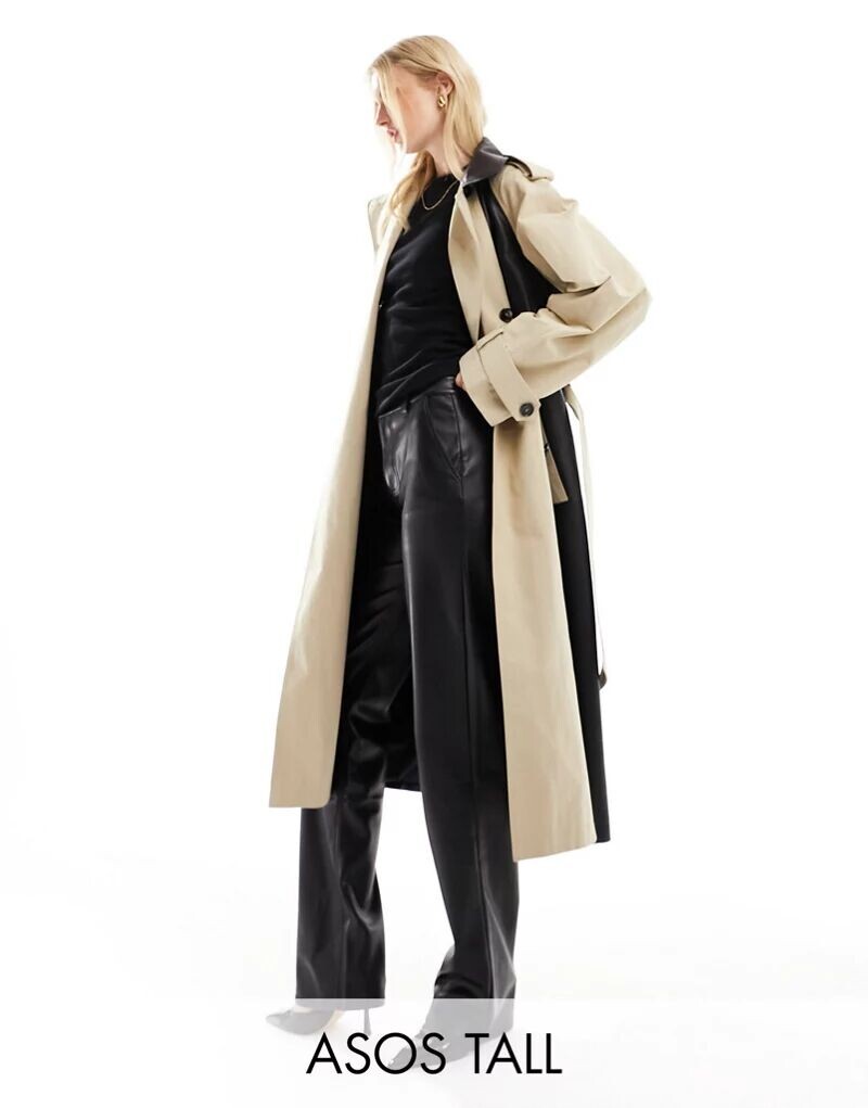 

Бежево-черный тренч из искусственной кожи ASOS DESIGN Tall