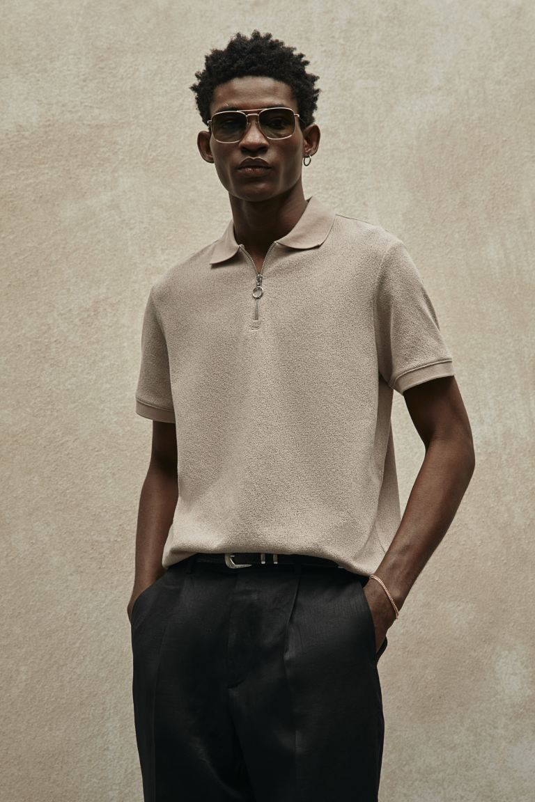 Рубашка-Поло на молнии обычного кроя H&M, бежевый