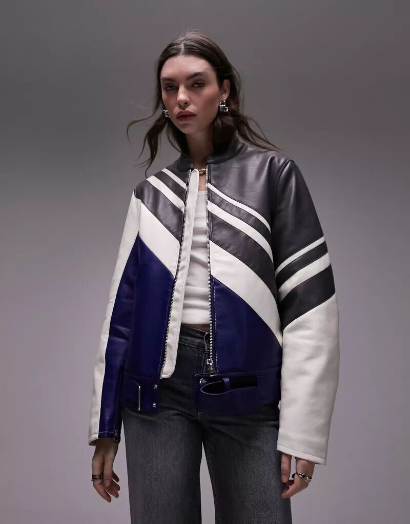 

Разноцветная куртка для мотокросса Topshop из искусственной кожи с колор-блоками