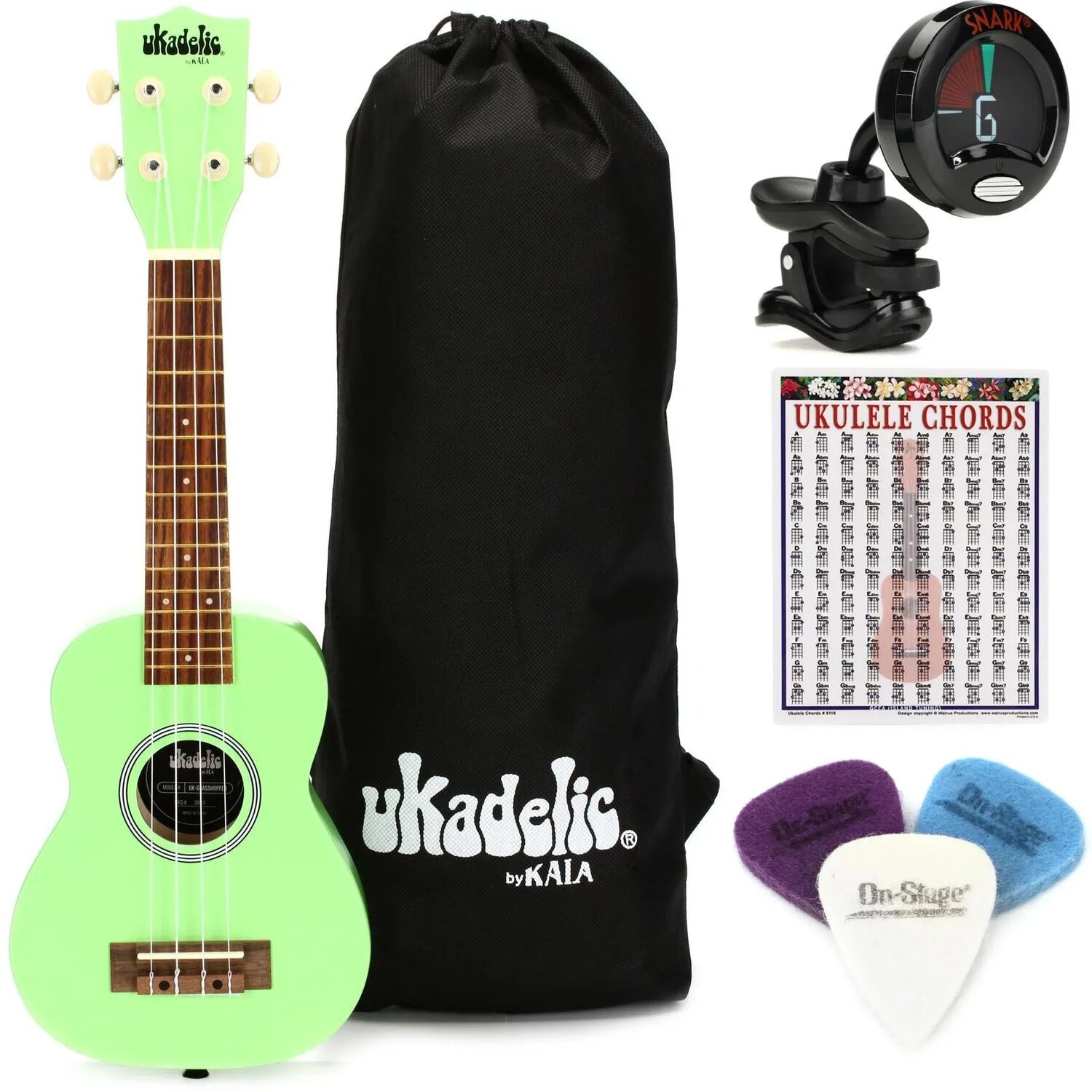 

Новый комплект Kala Ukadelic Soprano Ukulele Essentials Bundle — Grasshopper