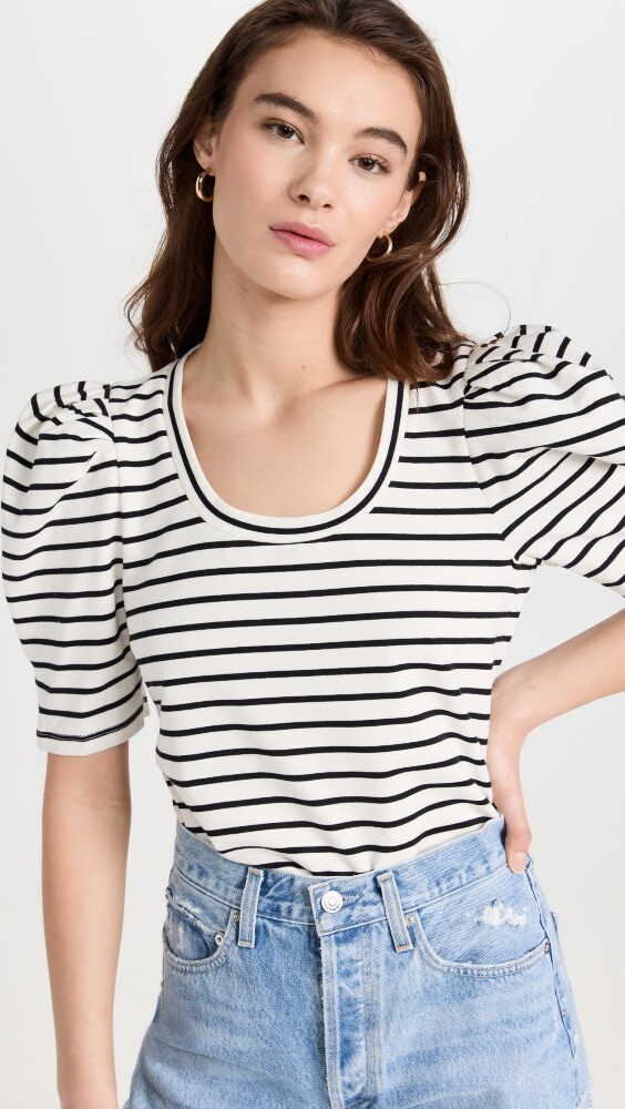 

Топ English Factory Stripe Pleated Puff Sleeve, белый