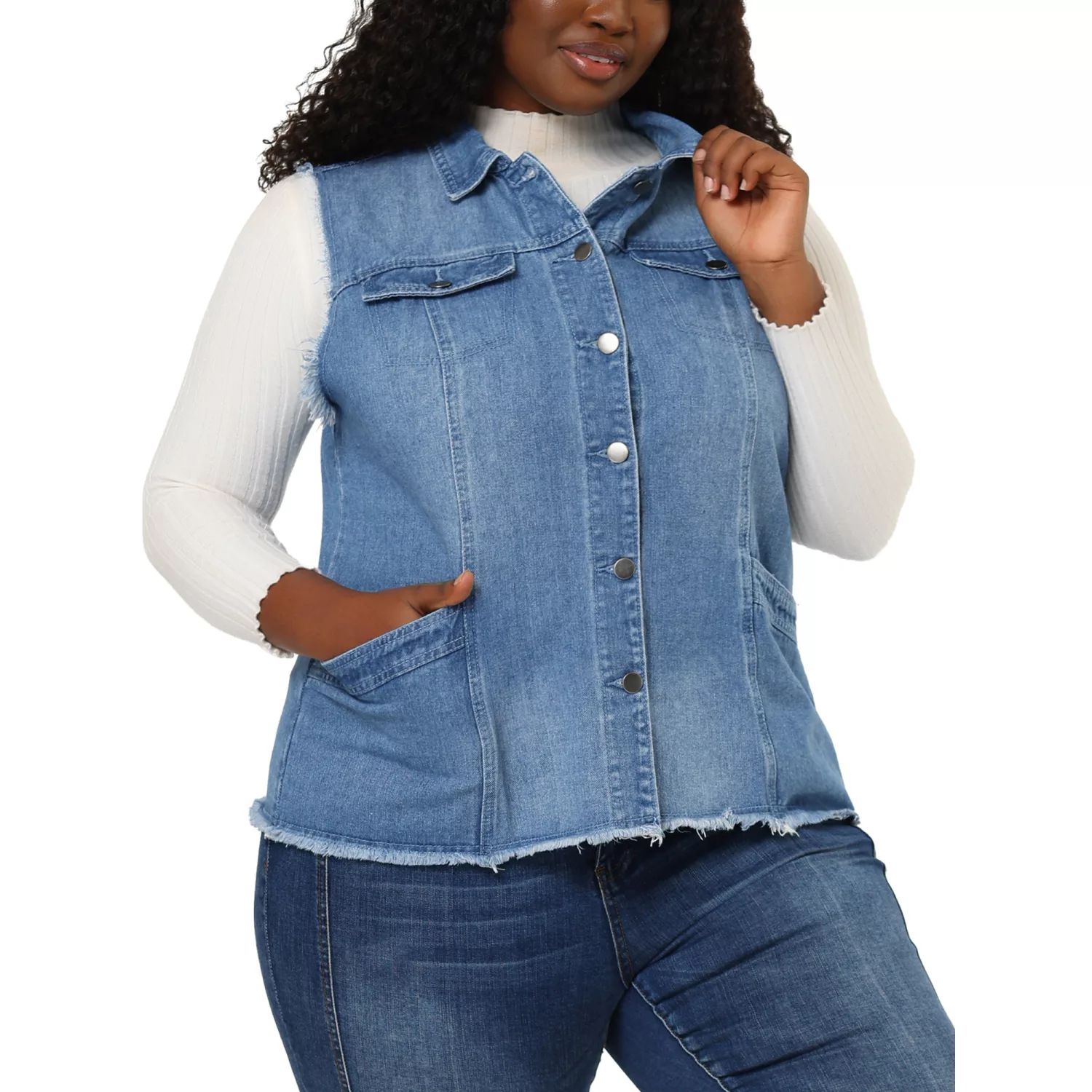 цена Женская джинсовая куртка больших размеров без рукавов с необработанным подолом, модный жилет Agnes Orinda